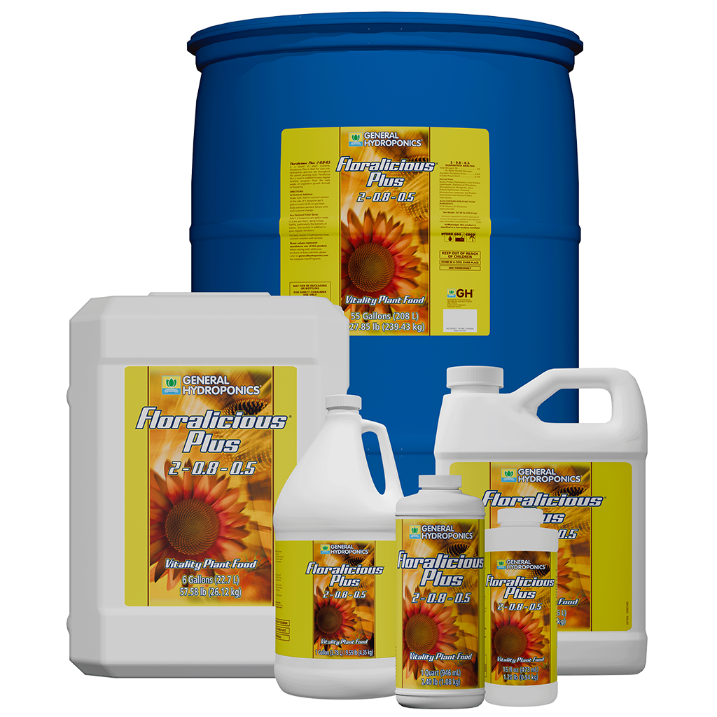 Collection of General Hydroponics Floraicious Plus products on a white background